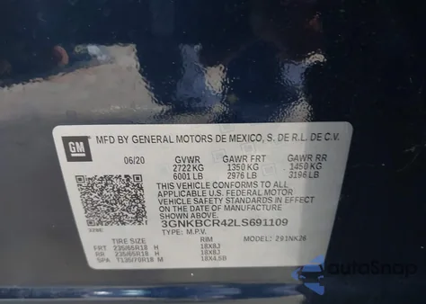 2020 Chevrolet Blazer Fwd 2Lt из США, поврежденный, VIN 3GNKBCR42LS691109